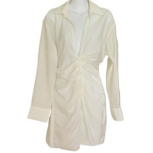 Zara NWT Size XS linen look dress off white plunge front